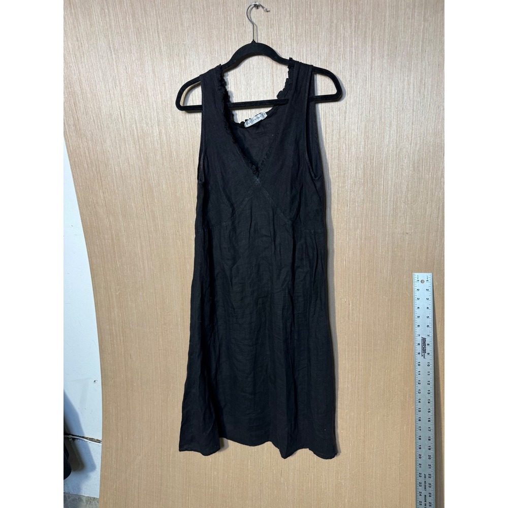 Cut Loose Slip 90's Black Linen Blend Sleeveless V-Neck Ruffle Trim Dress Size M